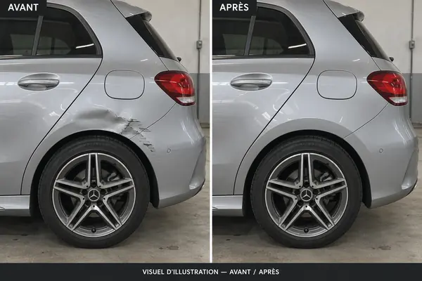 Avant / après : aile arrière et portière enfoncées puis réparées sur une Mercedes Classe A
