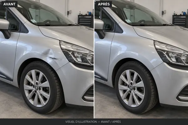 Avant / après : aile avant bosselée et rayée puis réparée sur une Renault Clio