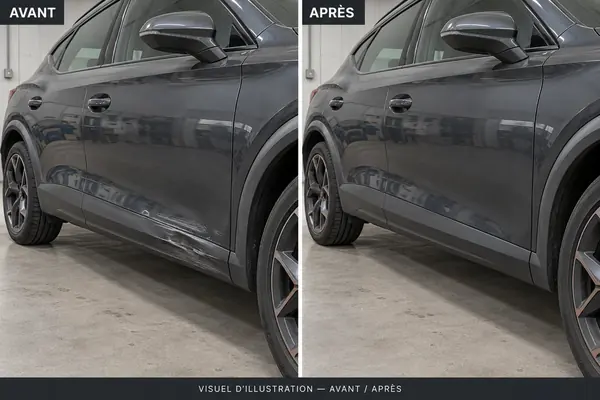Avant / après : bas de portière et bas de caisse rayés puis réparés sur un SUV Cupra