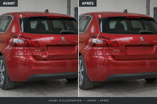 Avant / après : hayon et pare-chocs arrière enfoncés puis remis en état sur une Peugeot 308