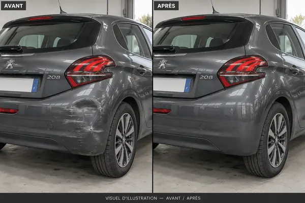 Avant / après : pare-chocs arrière rayé et enfoncé puis réparé sur une Peugeot 208