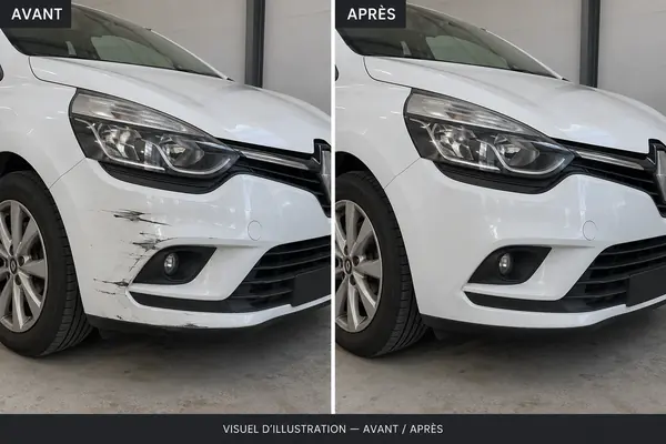 Avant / après : pare-chocs avant rayé puis réparé sur une Renault Clio blanche