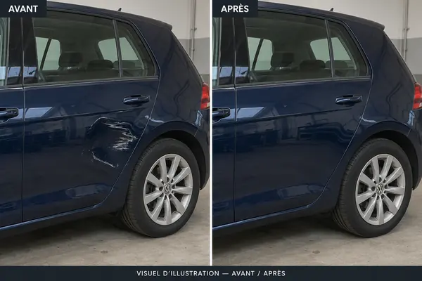 Avant / après : portière arrière enfoncée et rayée puis réparée sur une Volkswagen Golf bleue