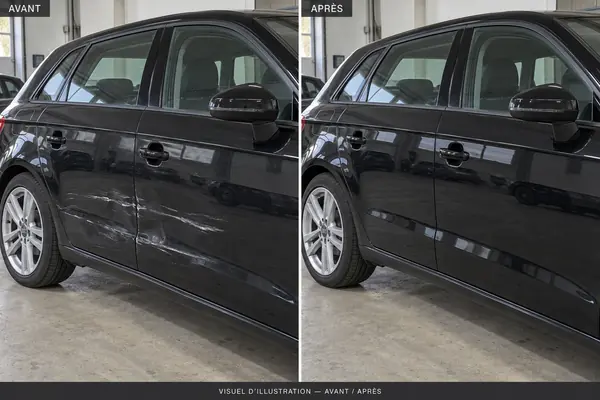 Avant / après : deux portières rayées et enfoncées puis réparées sur une Audi A3 noire
